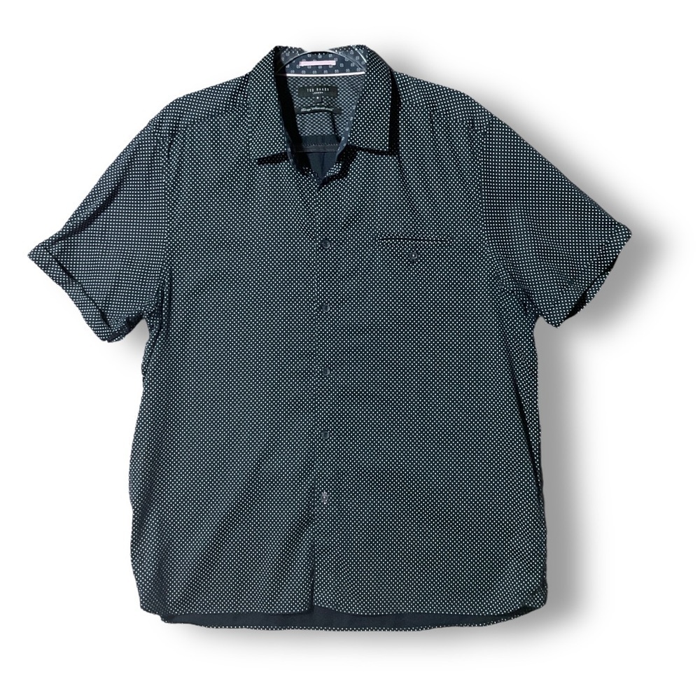 Ted Baker London Cotton Button Up Shirt Short Sleeve Polka Dot Navy Sz XXL